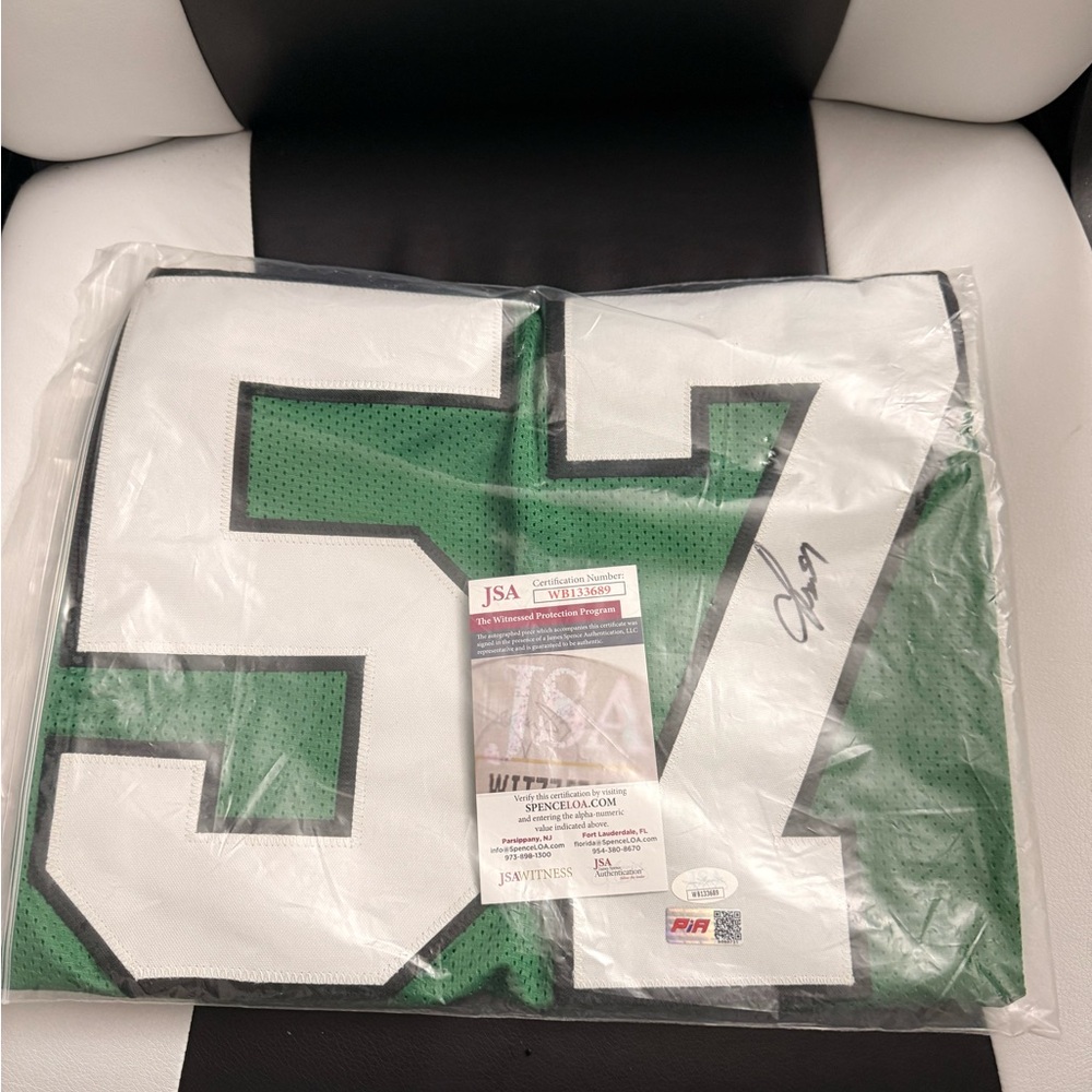 NFL Green and White Jersey CJ Mosley certified signed jersey JSA